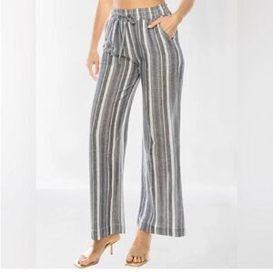 BRIGGS wide leg pull on high rise stripe Gray Linen palazzo pant coastal Beach L